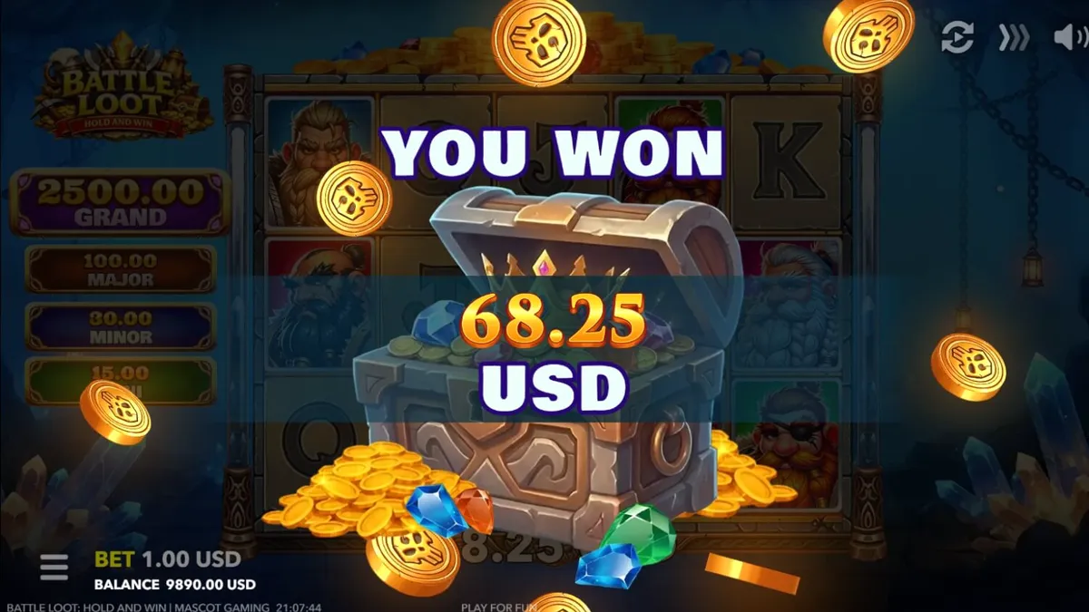 Tampilan visual slot Battle Loot: Hold and Win dengan tema kurcaci dan harta karun