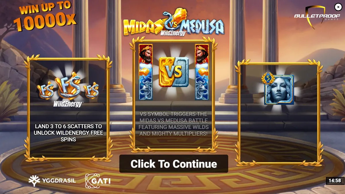 Visual pertempuran epik antara Midas dan Medusa dalam slot Midas VS Medusa WildEnergy